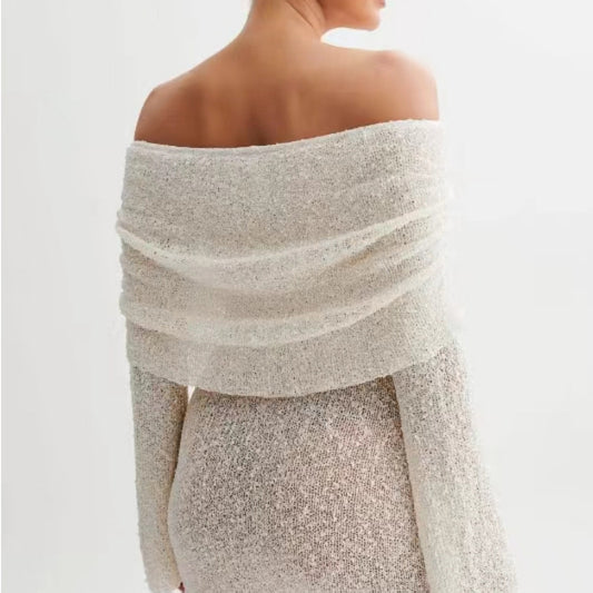 Женское весенне-летнее вязаное платье, элегантное вечернее платье с вырезом-лодочкой, детское облегающее платье с открытыми плечами и длинными рукавами, пушистое короткое мини-платье в клубном стиле.