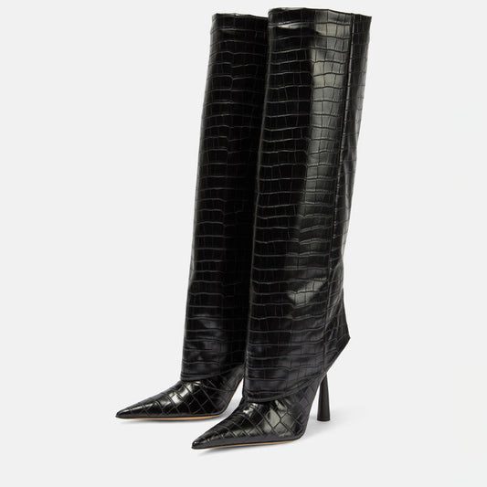 Valencia Noir Pointed-Toe Stiletto High Boots