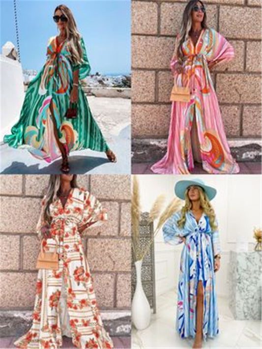 Платье с принтом, широким подолом, длинным разрезом и завышенной талией