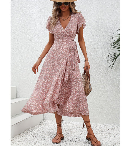 Новое женское повседневное платье с цветочным принтом, белое платье с завышенной талией.