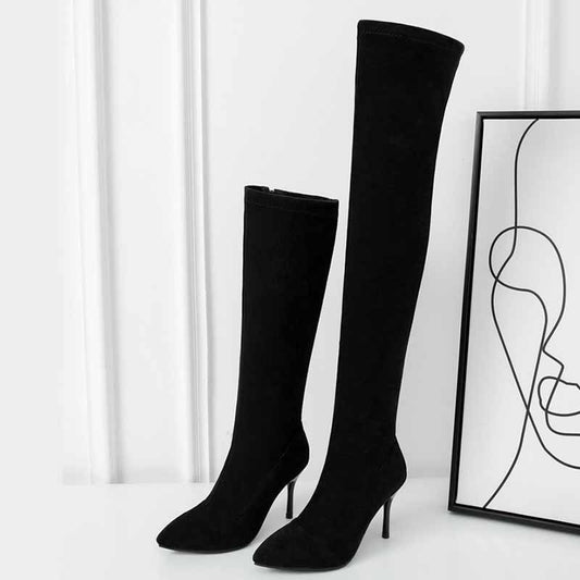 Элегантные замшевые сапоги-ботфорты на шпильке для ночного клуба