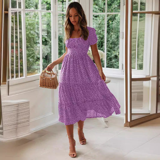 Платье с квадратным воротником, короткими рукавами, летнее платье с пышными рукавами и цветочным принтом, длинные платья