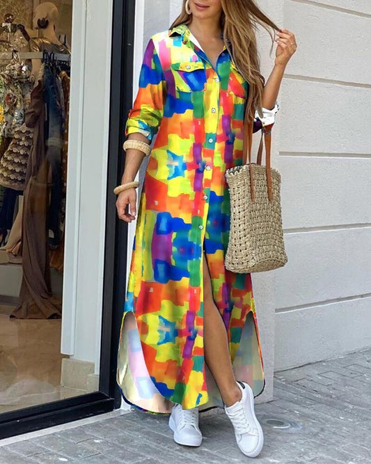 Новое европейское и американское платье с длинными рукавами и разрезом