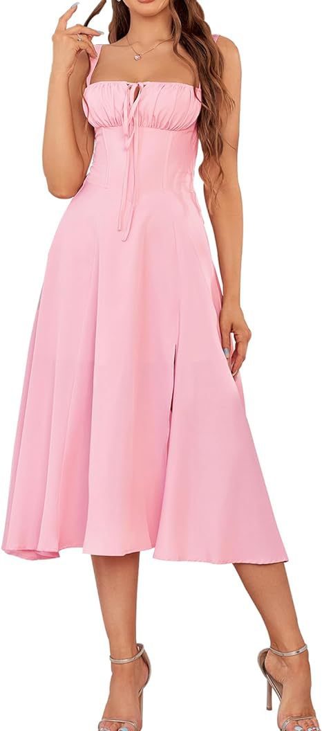 Элегантное платье средней длины с корсетом, разрезом и шнуровкой, для прогулок и отдыха.