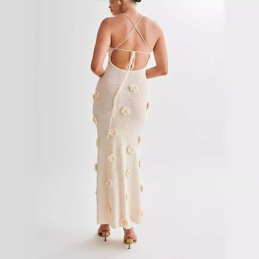 Новое платье без рукавов на подтяжках с объемным цветочным узором, вязаное, с открытой спиной и завязками.