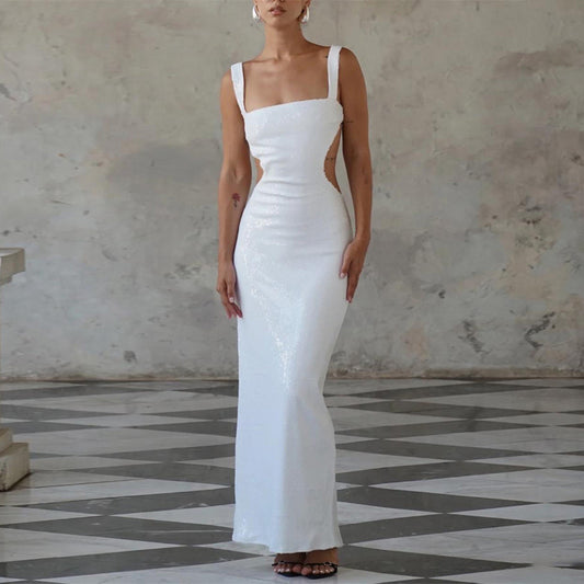 Платье с пайетками, квадратным воротником-стойкой, открытой спиной, юбкой