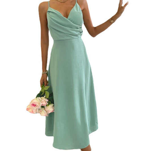 Элегантное платье с V-образным вырезом, бретелями и разрезом, модное облегающее платье