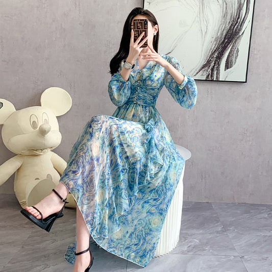 Длинное платье с принтом, из шифона с оборками и звездным узором.