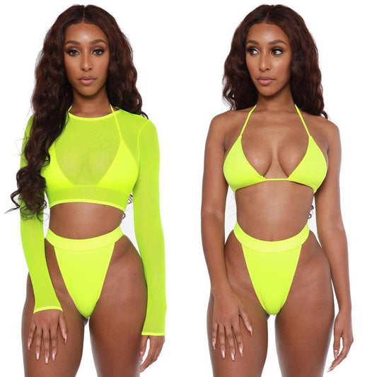 3 Piece Neon Green Bikini Swimsuit Women elegant Long Sleeve Swimwear Women High Waist Bikini Set High Cut Bathing Suit