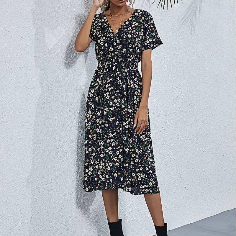 Новое женское повседневное платье с цветочным принтом, белое платье с завышенной талией.