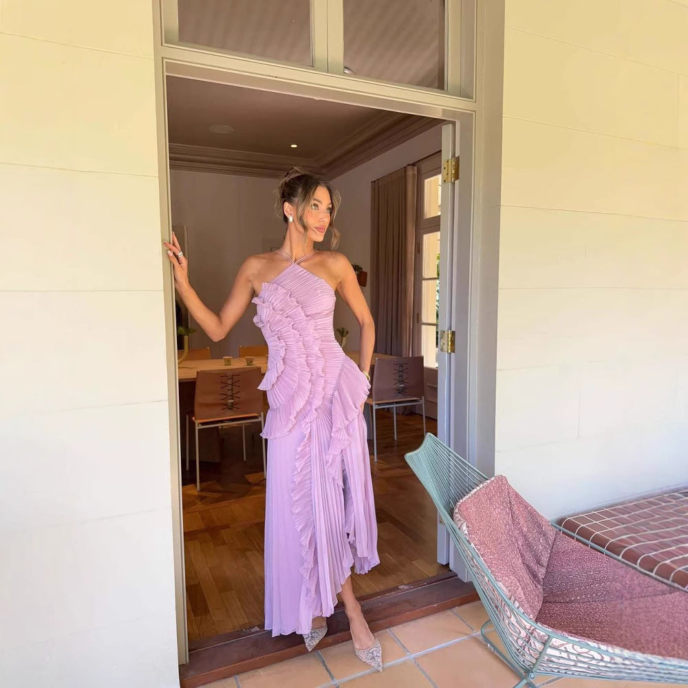 Платье с оборками, складками и асимметричным подолом