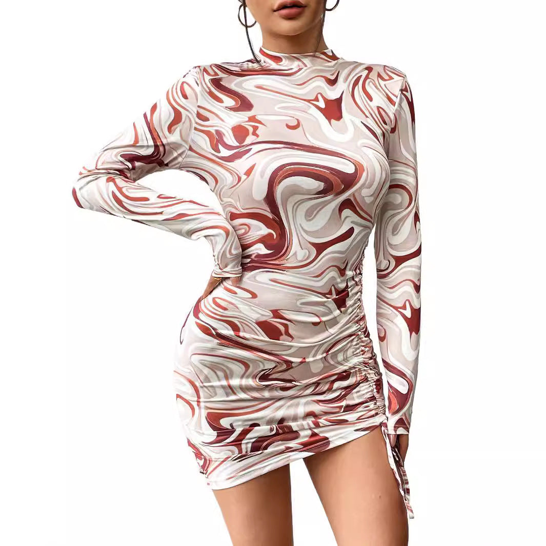 Abstract Print Pleated Long Sleeve Midi Dress with Drawstring Waist – Chic Style Collection