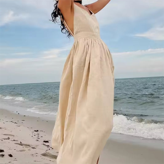 Летнее платье с V-образным вырезом, подтяжками и разрезом, модное длинное платье с открытой спиной и высокой талией для женщин.