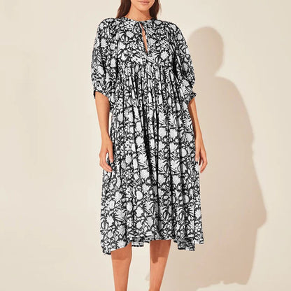 Новое летнее повседневное платье свободного кроя большого размера с цветочным принтом и рукавами средней длины.