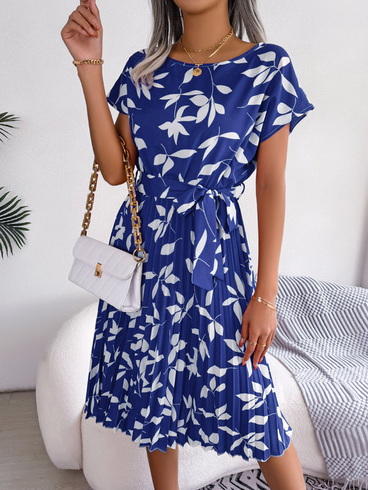 Women's Casual Leaf Print Short Sleeve Flowy Pleated Dress