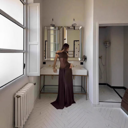 Womens Asymmetrical Dress With A Slanted Neckline Off-the-Shoulder Design And A Tied Waist