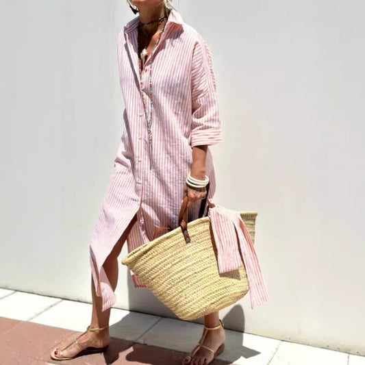 Платье-рубашка в полоску с поясом, модное платье-кардиган с короткими рукавами, отложным воротником и пуговицами, женская одежда.