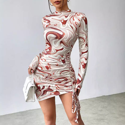 Abstract Print Pleated Long Sleeve Midi Dress with Drawstring Waist – Chic Style Collection