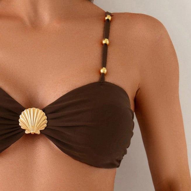 Элегантный однотонный купальник без бретелей с открытыми плечами для женщин.