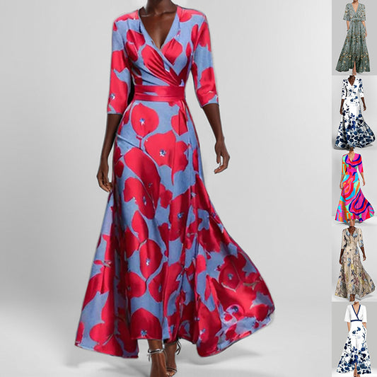 Модное платье с принтом, рукавами до локтя, V-образным вырезом, элегантное, облегающее, с узкой талией, для женщин.