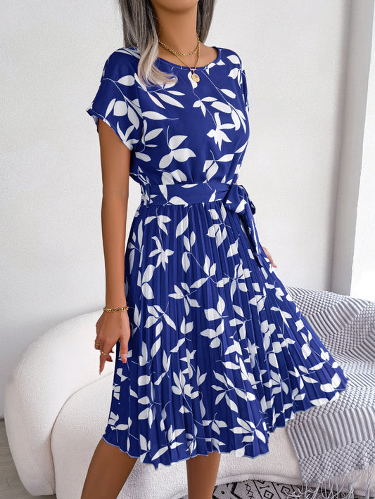 Women's Casual Leaf Print Short Sleeve Flowy Pleated Dress